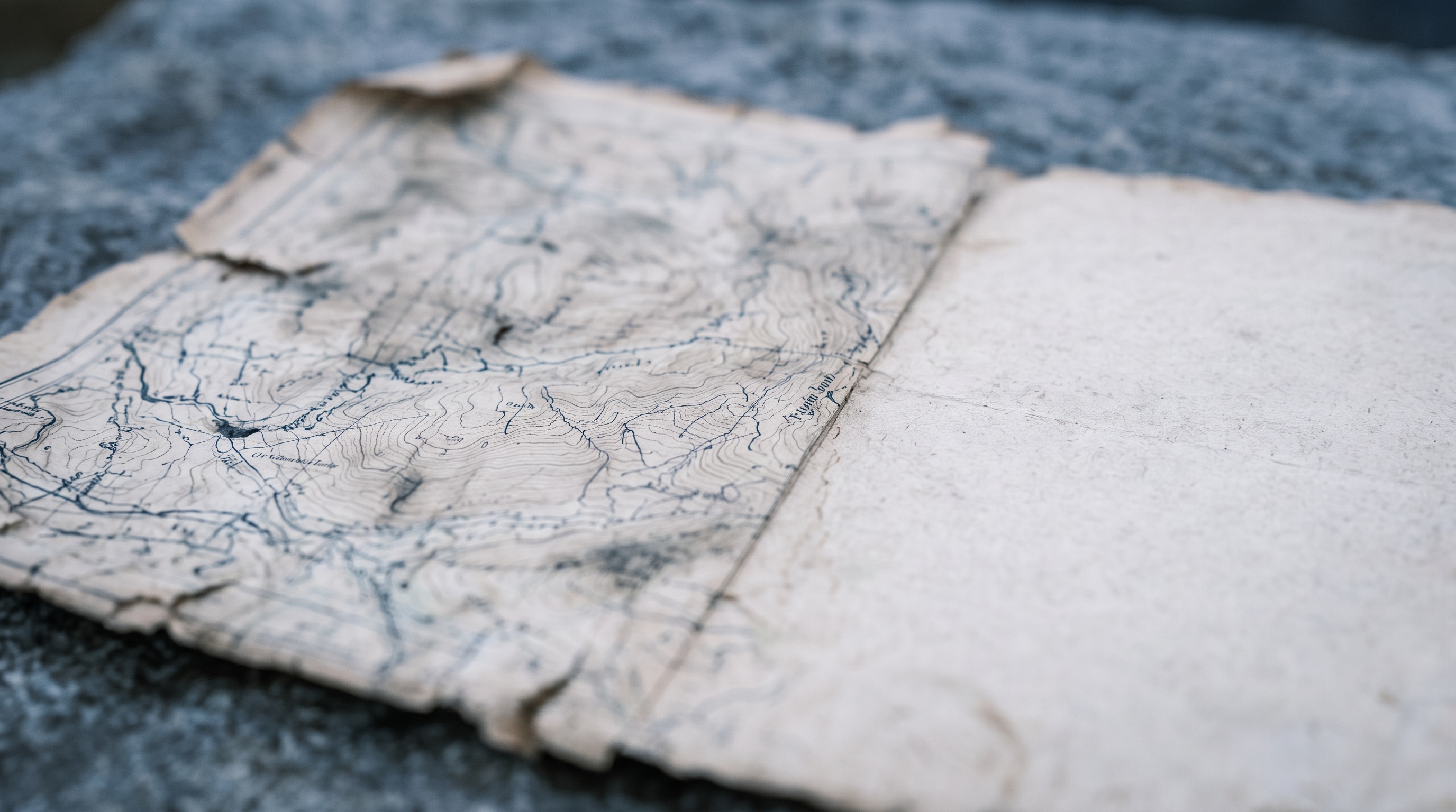 Nahaufnahme derselben brüchigen Papierkarte auf Stein, deren rechter Rand unbedruckt und leer ausläuft, das Kartenpapier wechselt von bedrucktem Bereich zu leerer Fläche.