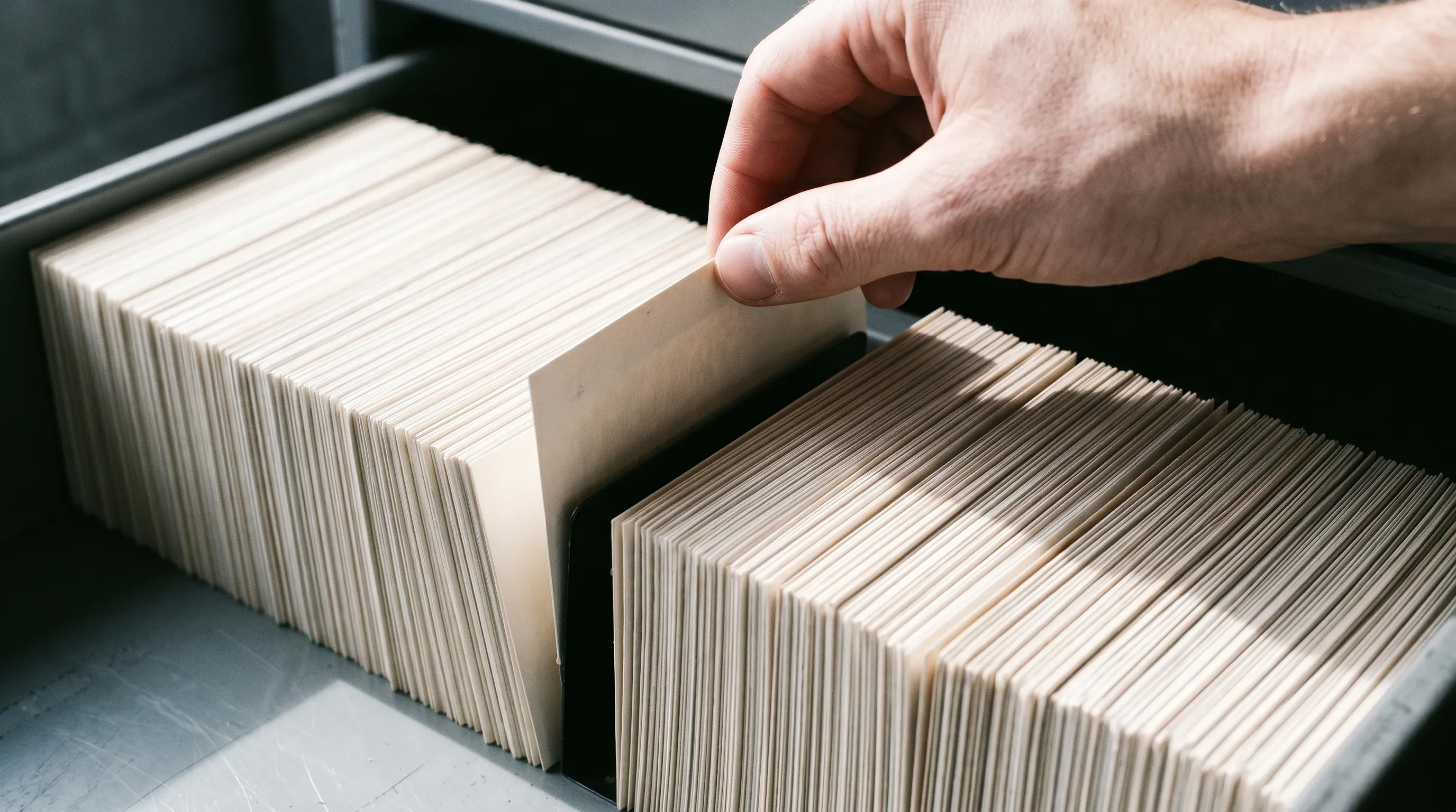 Hand, die eine einzelne Karteikarte aus dem Karteikasten zieht, als Sinnbild für den gezielten Zugriff auf freiwillig gegebene Kundendaten