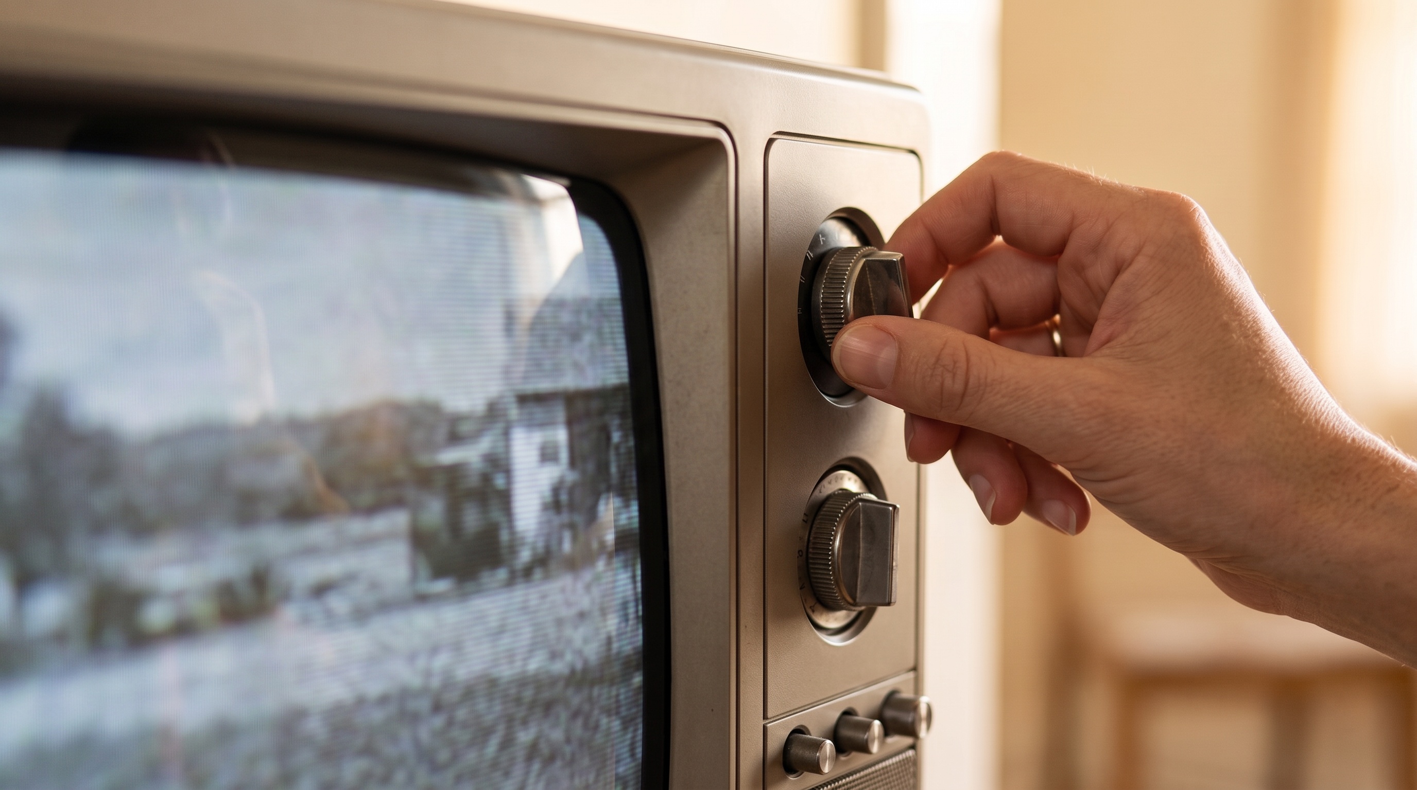 Hand justiert den Senderknopf eines alten Fernsehers, während sich das verrauschte Bild im Hintergrund leicht klärt, Sinnbild für fortlaufende Korrekturarbeit.