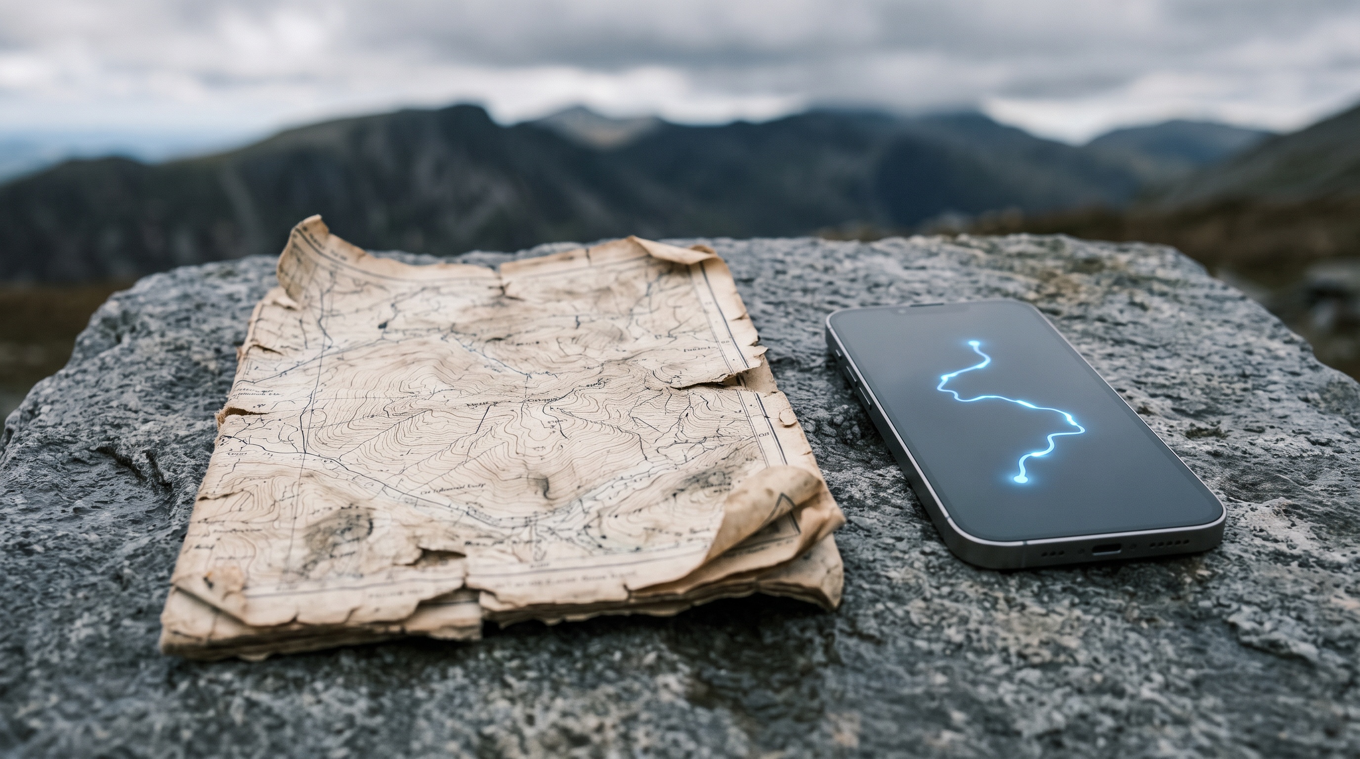Eine brüchige alte Wanderkarte liegt auf einer verwitterten Steinplatte in den Bergen, daneben ein modernes Smartphone mit leuchtendem Kartenbildschirm, Sinnbild für den Abgleich einer alten Prognose mit der tatsächlich gegangenen Strecke.